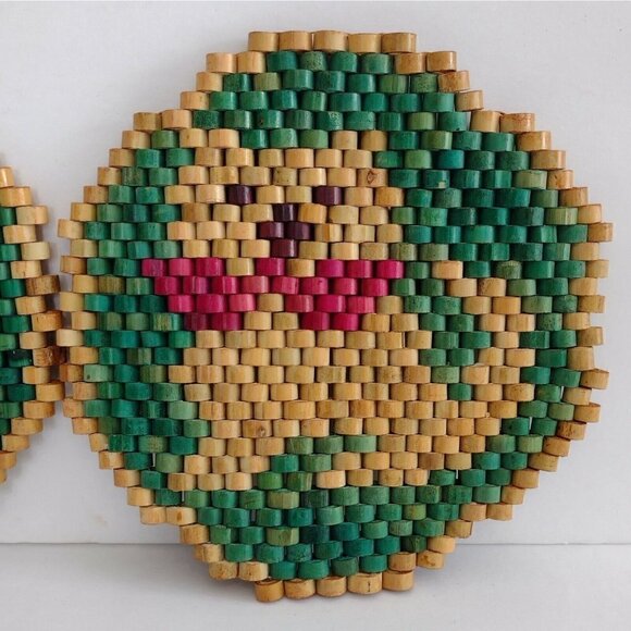 Vtg Pair of Boho Bamboo Wooden Beaded Cat Dog Trivets Kitchen Hot Plate Wall Art - Picture 3 of 9